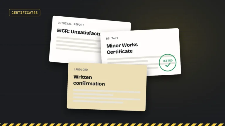 Stack of certificates: original EICR, Minor Works Certificate and written confirmation